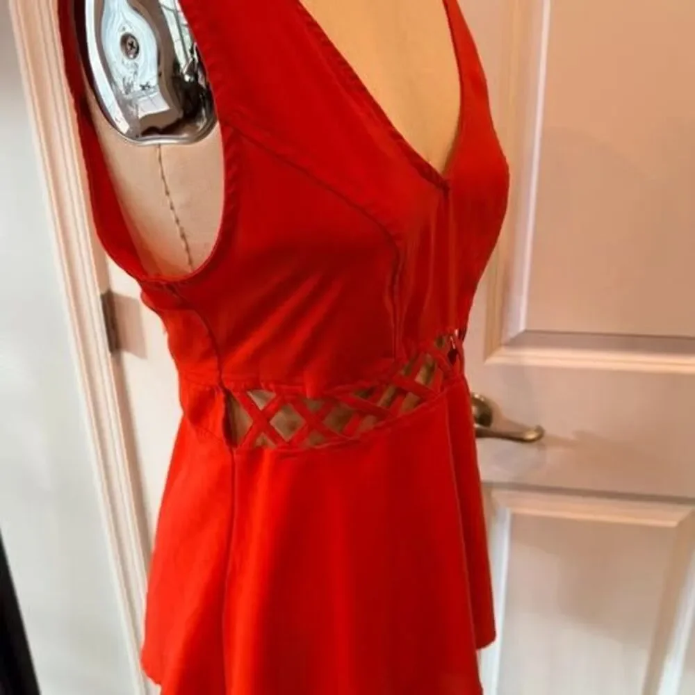 Orange Peplum Top Small Lattice Waist Cutout Flowy Tank - Picture 4 of 10